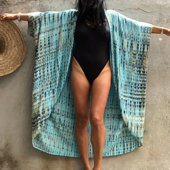 Turquoise Tie Dye Boho Swim Coverup Kimono Robe - Picture 2 of 9